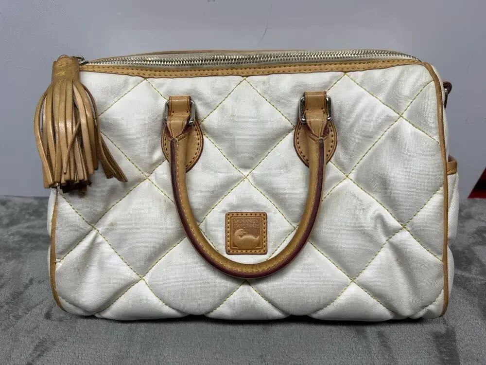 Dooney & Bourke Quilted Satchel Ivory Canvas Leather Tassel Shoulder Bag
